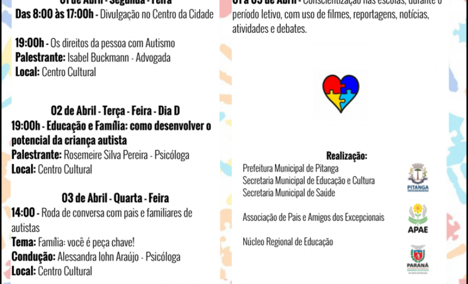 AUTISMO: Semana de Conscientização - 01 a 05 de abril AUTISMO: Semana de Conscientização - 01 a 05 de abril